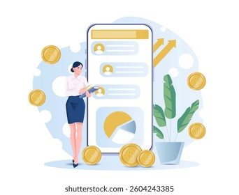 Businesswoman standing near large smartphone screen with graphs, coins, and user interface elements on abstract background with plant. Concept of finance. Vector illustration