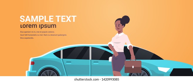 businesswoman standing near luxury car african american woman in formal wear holding suitcase going to work business concept flat portrait horizontal copy space