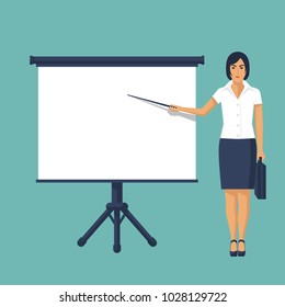 Businesswoman standing near whiteboard making presentation. Template for different kinds business presentation. Pointing and explains giving report. Vector illustration flat design. Female in suit.
