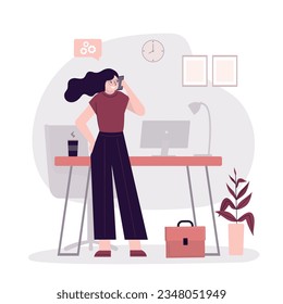 Businesswoman standing in office room and talking on phone. Smart entrepreneur solves business problems, working day, workflow. Office interior. Boss communicates on mobile phone. vector illustration