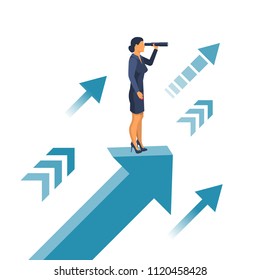 Businesswoman standing on arrow with telescope in hand. Vision business concept. Looking in future. Vector illustration flat design. Isolated on background. Search solution.
