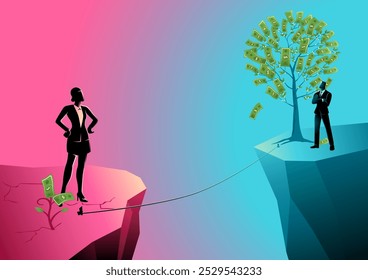 Businesswoman standing on a barren cliff with small money plants, gazing across a gap at a businessman beside a lush money tree. Symbolizes the income gap and inequality in the corporate world