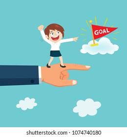Businesswoman Standing On Big Hand Point Finger to Goal, success concept money