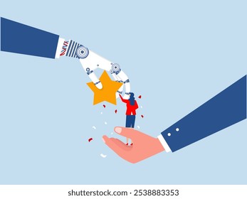 businesswoman standing on big hand getting star reward.encourage and motivate best performance with artificial intelligence ,Winning confidence Employee success recognition