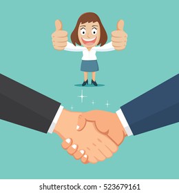 Businesswoman Standing On Bridge Handshake Businessman Agreement, Vector Illustration Cartoon