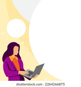 Businesswoman standing on the bright colored background. Woman holding laptop and typing text. Big white speech bubble contains important information. Presenting agenda.