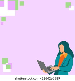Businesswoman standing on the bright colored background. Woman holding laptop and typing text. Big white speech bubble contains important information. Presenting agenda.