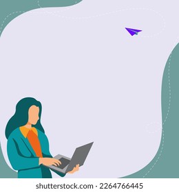 Businesswoman standing on the bright colored background. Woman holding laptop and typing text. Big white speech bubble contains important information. Presenting agenda.