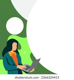 Businesswoman standing on the bright colored background. Woman holding laptop and typing text. Big white speech bubble contains important information. Presenting agenda.
