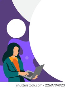 Businesswoman standing on the bright colored background. Woman holding laptop and typing text. Big white speech bubble contains important information. Presenting agenda.