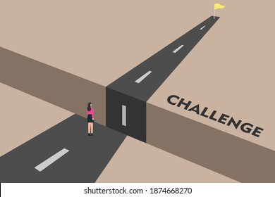 Businesswoman standing on the gap and looking at the challenge road to achieve the success flag