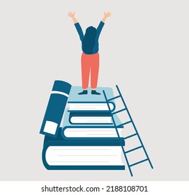 Businesswoman standing on a huge tower stack of books and raised hands as a sign of victory. Path to business and personal success. Knowledge, Learning and skill development concept. Vector stock