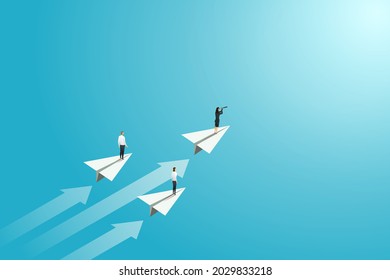 Businesswoman standing on paper plane Look at opportunities or strategies. Discovery to look forward to Confidence of or vision of a group of business leaders. Vector illustration.