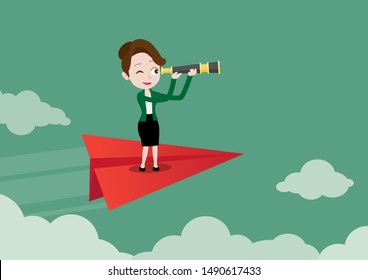 Businesswoman standing on red paper plane flying and holding spyglass looking for success, Cartoon vector illustration