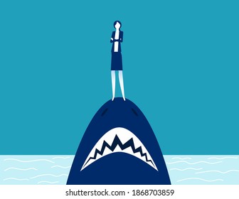 Businesswoman standing on shark mouth. Stand on danger