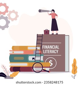 businesswoman standing on textbooks about financial literacy and money management. Stack of financial books. Courses in trading, boost skills in economic literacy. Literature on finance and investment