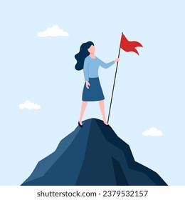 Businesswoman standing on the top of mountain and holding flag on rock peak. Victory, success, business competition, challenge, goal Achievement.