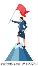 Businesswoman standing on top of mountain with flag. Symbol of victory, successful mission, goal and achievement. Trials and testing. Win, business success. Flat vector illustration