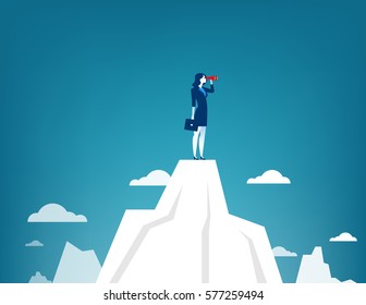 Businesswoman standing on top of the mountain using telescope looking for success. Concept business illustration. Vector flat