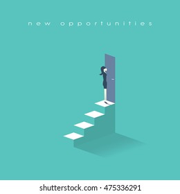 Businesswoman standing on top of stairs in front of doors. Business symbol of new opportunities and career progress. Eps10 vector illustration.