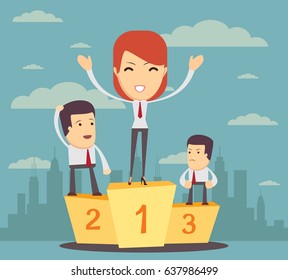 Businesswoman standing on the winners podium. Successful business concept. Vector illustration in flat style.