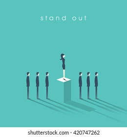 Businesswoman Standing Out From The Crowd Business Concept With Businessmen In Line. Talent Or Special Skills Symbol. Business Concept Of Equal Opportunities. Eps10 Vector Illustration.
