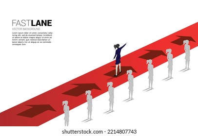 businesswoman standing and point forward on fast lane is move faster than group on queue. Business Concept of fast lane for moving and disruption.