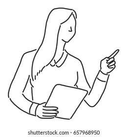 Businesswoman is standing and pointing something - line drawing vector illustration graphic design