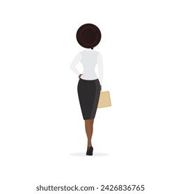 Businesswoman standing, rear view of woman holding briefcase or folder with documents vector illustration