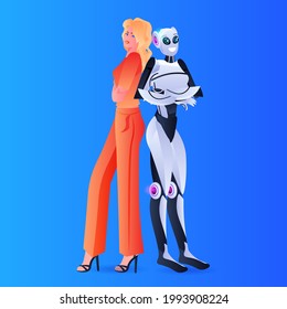 businesswoman standing with robot partnership artificial intelligence technology friendship concept