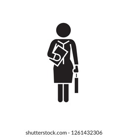 Businesswoman, standing secretary black vector concept icon. Businesswoman, standing secretary flat illustration, sign