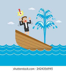 Businesswoman standing in sinking boat surrounded by water.illustration vector eps10 cartoon.