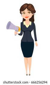 Businesswoman standing with speaker. Business woman ?ute cartoon character.  Business woman vector illustration isolated on white background