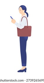 Businesswoman standing still and checking a map app on a smartphone. Vector illustration of a female searching for a destination or location.