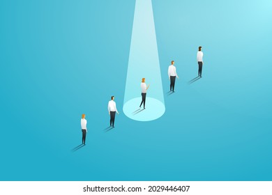 Businesswoman standing in a striking light unlike other employees. Confident businessman, outstanding talent with the spotlight. Vector illustrations.