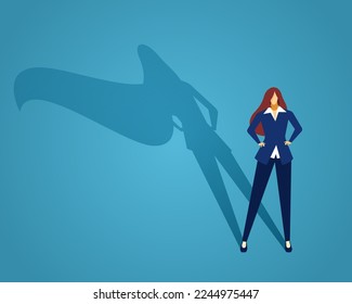 Mujer de negocios con sombra de superhéroe, mujer segura de sí misma. Vector de una superheroína mujer de negocios, poder femenino en los negocios, concepto de éxito, héroe de carácter permanente, ilustración de liderazgo de fuerza