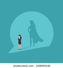 Businesswoman standing with superhero shadow in light spot. Business concept of leadership, girl power, professional success, woman at work. Flat vector illustration.