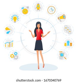 Businesswoman is standing surrounded by office task icons. Business multitasking concept. Project and time management, productivity optimization. Effective management. Vector illustration