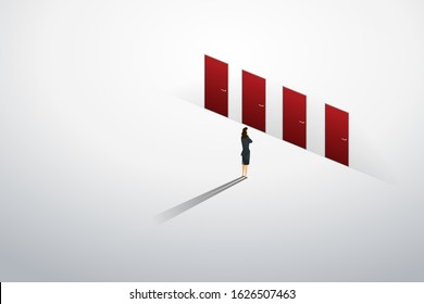 Businesswoman standing thinking at red door four of choice on wall path to goal success. illustration Vector