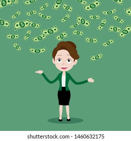 Businesswoman was standing under the falling money like rain, Cartoon vector illustration