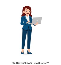 Businesswoman standing while holding and using a laptop with happy expression on white background