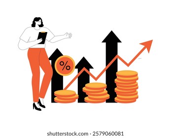 Businesswoman standing up while presenting about an office's growing income.
design, vector, illustration