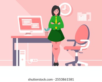 Businesswoman stands with arms crossed on chest. Standing confident woman in a suit and tie. Office workplace. Desk with computer and office chair. Vector graphics