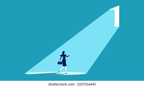 businesswoman stands in front of an open door in the number one figure. Vector illustration