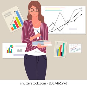 Businesswoman stands in front of screen with chart, statistics. Office worker having creative idea for company finance development. Woman conducts analytics of statistical data, diagram on banner