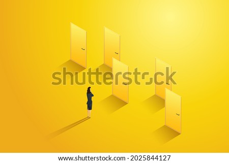 Businesswoman stands in front of several doors thinking choosing one. Challenging difficult decisions It is an important decision in career development and business opportunities. Vector illustration.
