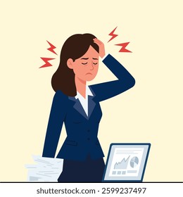 A businesswoman stands with her head in her hands, looking worried.