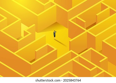 Businesswoman stands inside  to a large complex labyrinth. With challenges, decide to solve business problems, overcome the maze. and found success. Vector illustration.