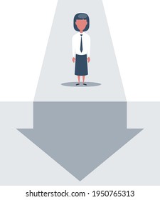 Businesswoman Stands And Looks At The Line Graph Going Down. Business And Finance Concept. Vector, Illustration, Flat