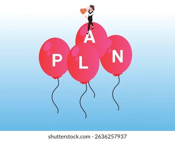 businesswoman stands on balloons spelling PLAN and speaks into a megaphone, symbolizing communication, strategy, and announcing a new initiative isometric 3d vector illustration